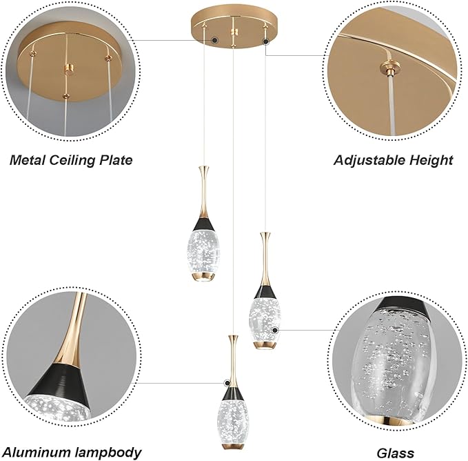 Modern Black Gold Pendant Light Dimmable LED Ceiling Light Fixtures Mini Teardrop Crystal Pendant Lighting for Kitchen Island Bedroom Hallway Entryway (3 Light，Champagne Gold)