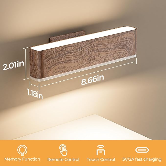 MOITA Magnetic Wireless Battery Operated Wall Sconce, Rechargeable Remote Control & Touch Control Wall Sconces Set of Two, 3-Color Temperatures LED Wall Lights, 360° Rotatable (Walnut, 2-Pack)