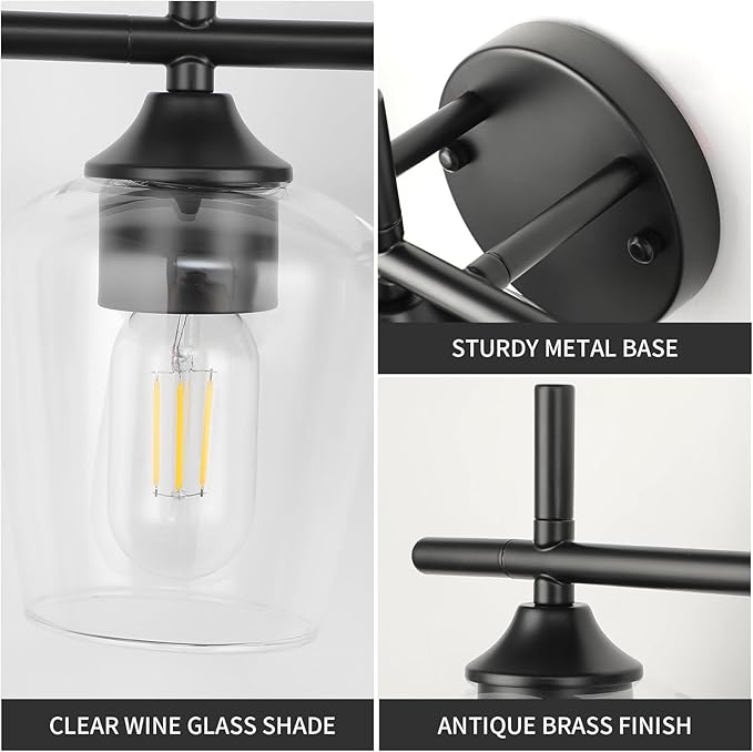 Bathroom Vanity Light Fixtures, 3-Lights Over Mirror Modern Vanity Lighting with Clear Wine Glass Shade Wall Lamp for Bedroom Hallway Living Room(Black, 3-Light)