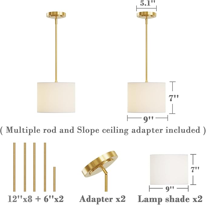 Electro bp;9" Dia White Linen Drum Shade Hanging Pendant Light Fixture with Polished Gold Pole Kit,E26,Hardwired,2-Pack;