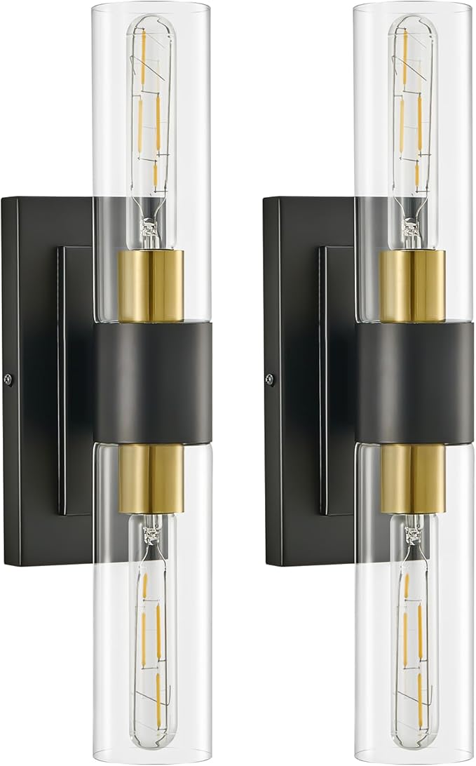 19" Black and Gold Wall Sconces Set of Two,Modern Bathroom Light Fixtures,2-Light Vanity Lights for Mirror,Indoor Wall Lamp Wall Mount Hardwired Light for Bedroom with Clear Glass E26 Base