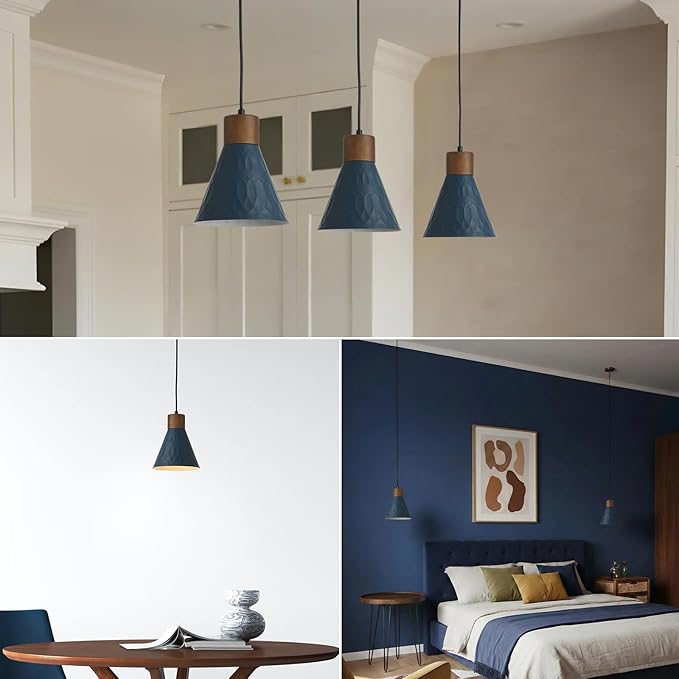 Farmhouse Pendant Lights for Kitchen Island, Modern Blue and Wood Dome Pendant Light Fixtures, Industrial Hanging Pendant Lighting for Dining Room Foyer Cafe Kitchen Sink, 3 Pack