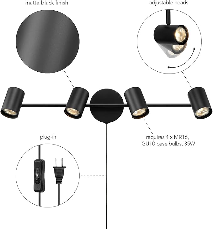 Globe Electric 64000119 4-Light Plug-in Track Lighting, Matte Black Finish, Adjustable Heads, Wall or Ceiling Mount, Modern Industrial Design