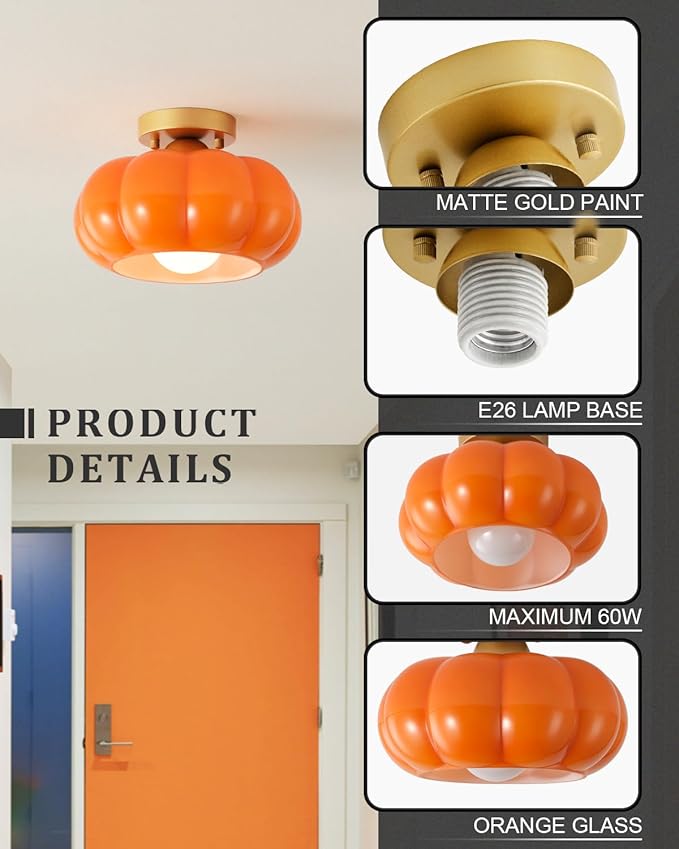 Vintage Semi Flush Mount Ceiling Light,Mid Century Modern Ceiling Light Fixtures,10 Inch Orange Glass Shade with a Gold Base,for Bedroom, Kitchen, Hallway, Entryway, and Balconie