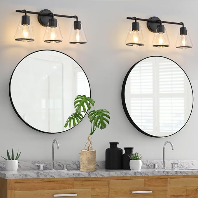 Black Bathroom Vanity Light 3 Lights Bathroom Light Fixtures Over Mirror Vanity Lighting Fixtures with Clear Glass Shade 22 inch Modern Vanity Lights for Bathroom Wall Sconce Lights for Bedroom