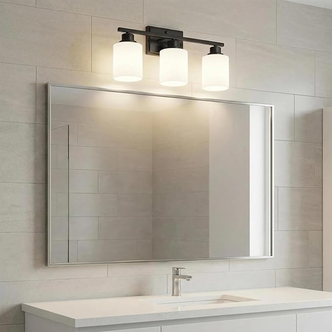 Unicozin 3-Light Bathroom Light Fixtures, Modern Black Vanity Light Over Mirror, Wall Sconces with Milky White Glass Shades for Living Room Bedroom Hallway E26 Base