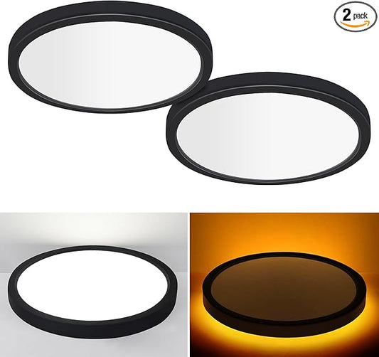 Hlite 12 Inch Flush Mount LED Ceiling Light with Night Light, 24W, 2400lm, 3000K/4000K/5000K Selectable, Flat Lights for Ceiling, Dimmable LED Ceiling Light for Bedroom, Kitchen, Black(2Pack)