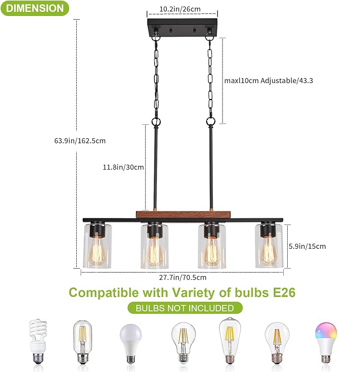 WILON Kitchen Island Lighting, 4 Lights Black Linear Chandeliers Modern Farmhouse Chandelier with Glass Shades for Kitchen Island Living Dining Room Foyer Bedroom(Black,4 Lights)