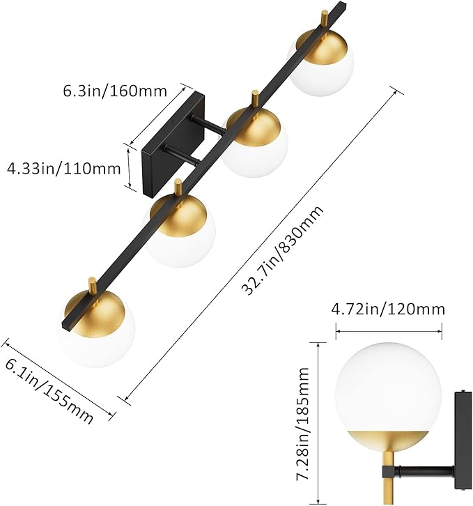 Ralbay Mid Century Modern Vanity Light Fixture 4-Light Milky Glass Modern Bathroom Vanity Lights Over Mirror, Black/Golden Modern Vanity Light for Bathroom Black and Gold 4 Light(Exclude Bulb)