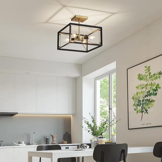 AGV LIGHTING CL046BB Modern Ceiling Light, Semi-Flushmount Close to Ceiling Light Fixture, Perfect for Living Space, L13 x W13 x H11, 4 x E12 Socket, Rustic Brass & Matte Black Finish
