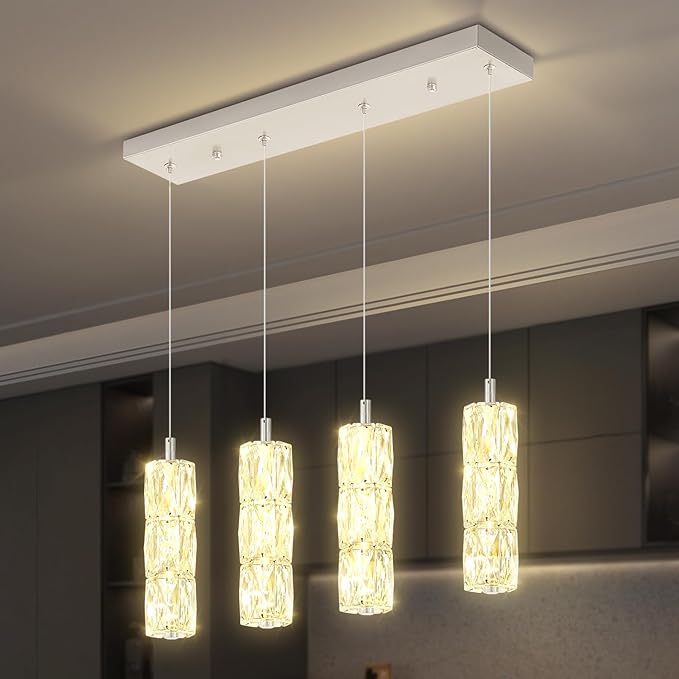 ykolupty Rectangle Crystal Pendant Lights LED Dimmable Pendant Ceiling Lighting Modern Linear Chandelier for Dining Room Hallway Silver