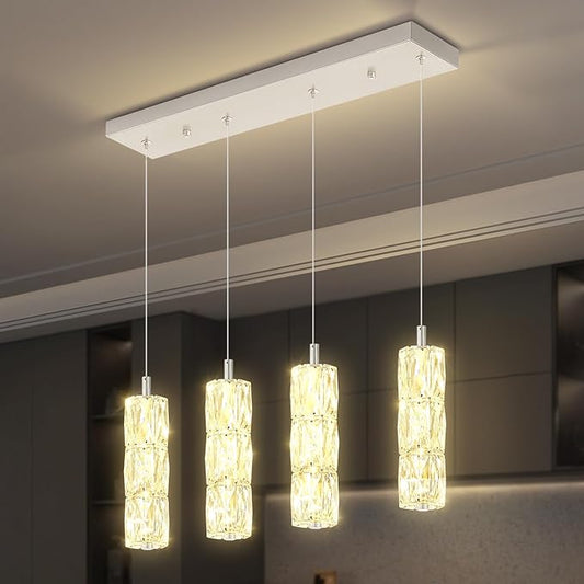 ykolupty Rectangle Crystal Pendant Lights LED Dimmable Pendant Ceiling Lighting Modern Linear Chandelier for Dining Room Hallway Silver