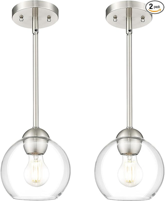 Emak 2 Pack Brushed Nickel Pendant Light Fixtures, 7 Inch Globe Pendant Lights with Clear Glass Shade, 1-Light Hanging Lights for Kitchen Island, Bathroom, Dining Room, PL119-BN-2PK