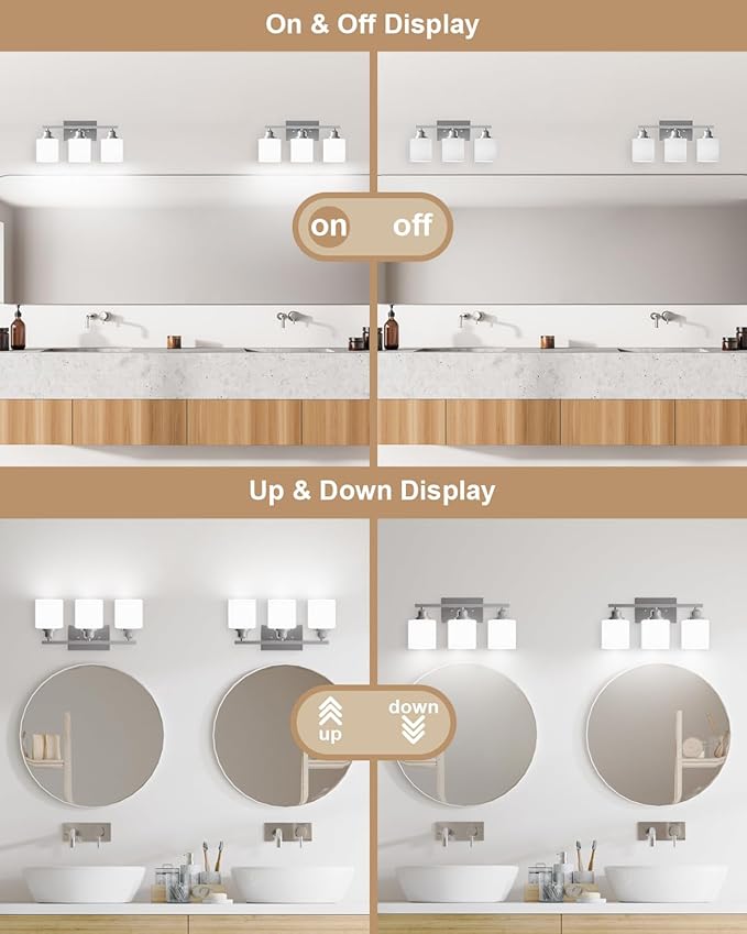 Sailstar Bathroom Light Fixtures Over Mirror, 3-Light Vanity Lights Brushed Nickel, Modern Bathroom Vanity Light, Glass Shade & Anti-Rust Nickel Finished, Bathroom Light for Small Space