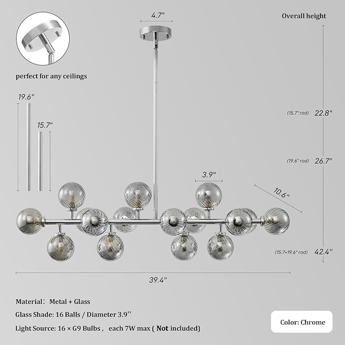 16-Light Mid Century Modern Chandelier: 39.4" Long Linear Chrome Sputnik Chandeliers - Smoke Grey Glass Globe Dining Room Light Fixture - Silver Adjustable Chandelier for Living Room Kitchen Island