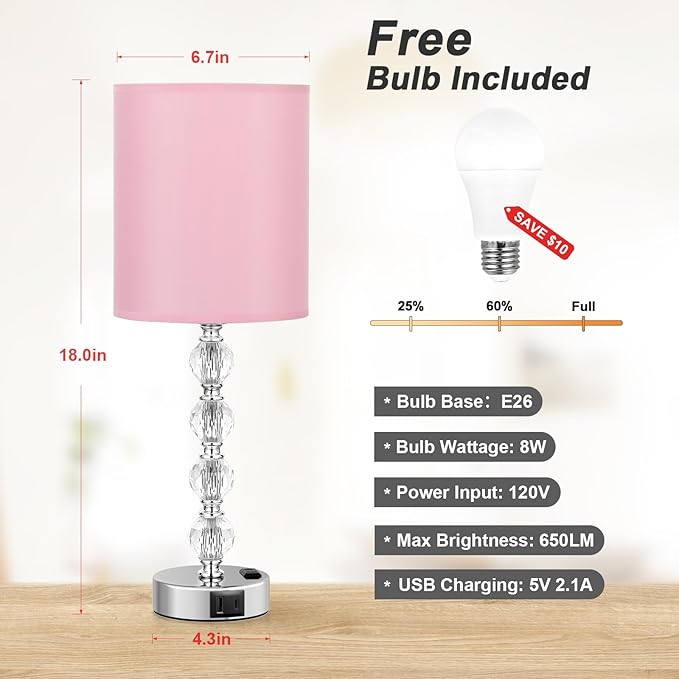 Acaxin Touch Bedside Crystal Lamps for Bedrooms Nightstand with USB C+A Charging Port and AC Outlet White, 3 Way Dimmable Silver Large End Side Table Lamp for Living/Guest/Dinning Room/Kitchen