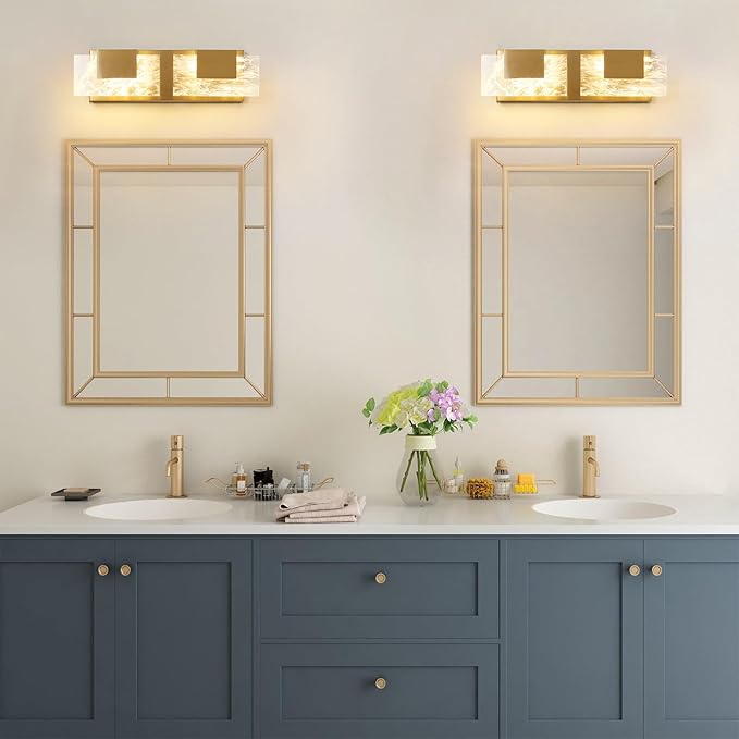 LED Bathroom Vanity Light: 16 inch Brushed Gold Acrylic Modern Lighting Fixtures - 2 Lights Contemporary Smoke Design Wall Lights Fixture Over Mirror 3000K