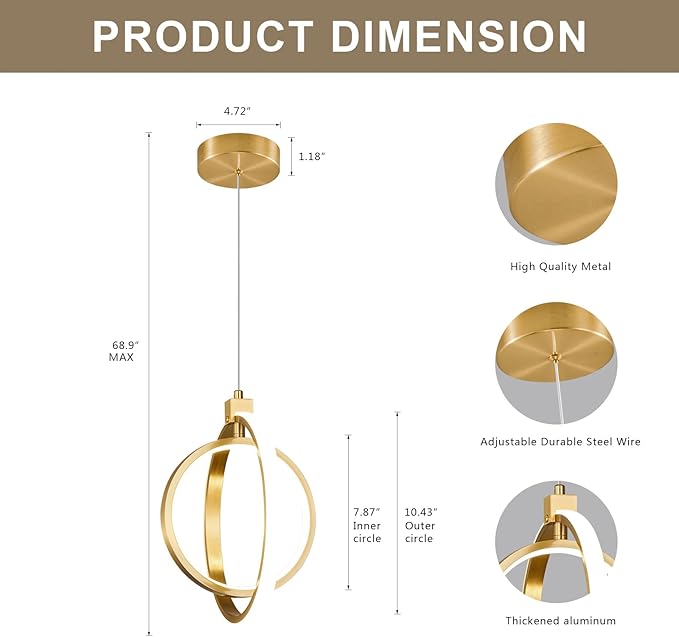 Modern LED Chandelier Gold Ring Pendant Light Fixtures 4000K Dimmable Height Adjustable Pendant Lighting for Dining Room Kitchen Island Bedroom Living Room Foyer（3-Pack）