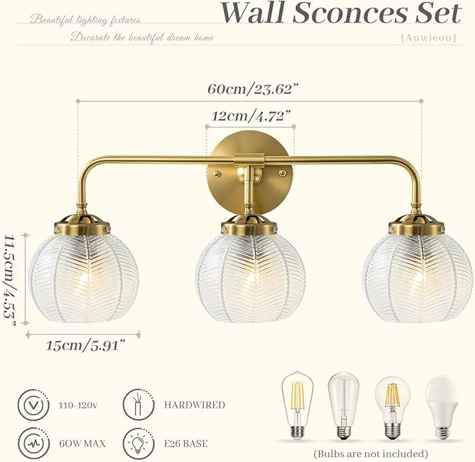 Vintage Wall sconces Bathroom Vanity Lights Over Mirror 3 Light Gold Wall sconce with clear Glass Shade mid Century modern Wall Sconce Glass globe wall lamp Wall Lighting for Bedroom Doorway Hallway