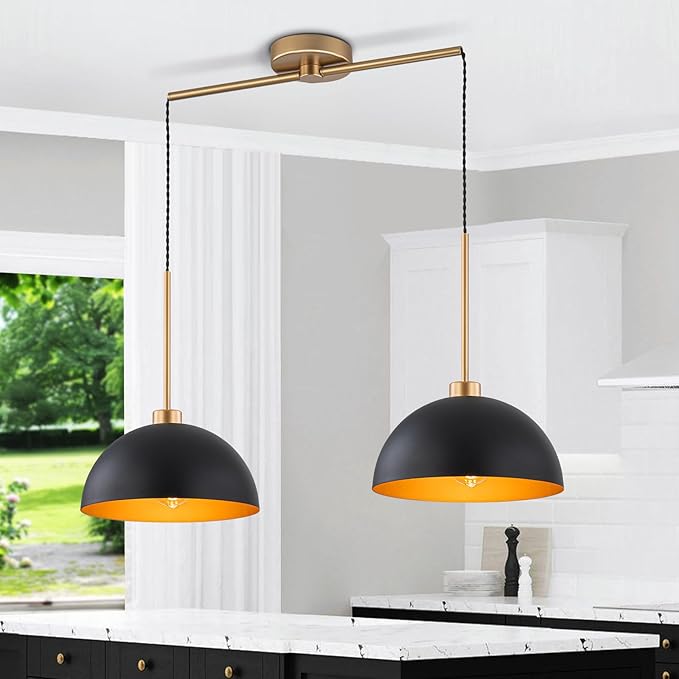 Farmhouse Pendant Lights Kitchen Island, 2 Light Black and Gold Dome Pendant Light, Industrial Modern Kitchen Island Lighting for Dining Room, Restaurant, Cafe, Bar