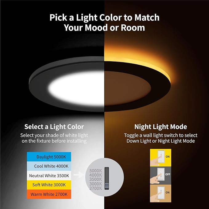 Meconard 12 Pack 6 Inch 5CCT LED Recessed Ceiling Light with Night Light, 2700K/3000K/3500K/4000K/5000K Selectable Ultra-Thin Lighting, 12W=110W, 1050LM, Dimmable Canless Wafer Downlight, Black Trim