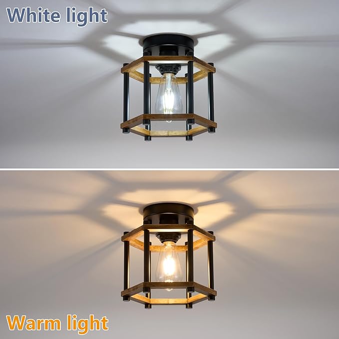 Dijiahua 1-Light Rustic Farmhouse Wood Flush Mount Ceiling Light Fixture, Small Black Semi Flush Mount Ceiling Lighting with Oak Wooden and Hexagonal Cage for Hallway Entryway Bedroom Kitchen
