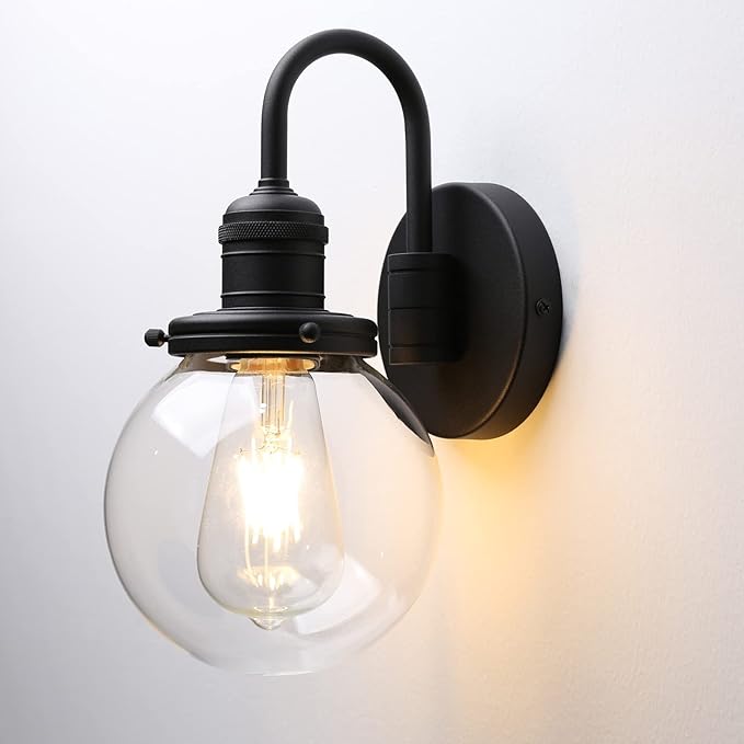Industrial Vintage U-Shaped Wall Sconce 1-Light with 5.9” Round Clear Glass Globe Shade Indoor Wall Mounted Lamp Fixture