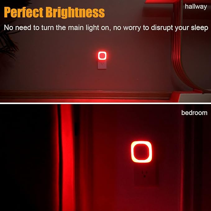 YUNLEX 4 Pack Red Night Light with Dusk to Dawn Sensor, Eye-Care Reflected Glow, 0% Blue Light True Red LED, 3-Level Brightness, Auto On/Off, Plug-in Nightlight for Sleep, Kids, Bedroom, Bathroom