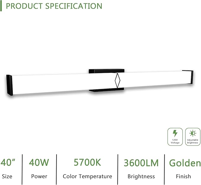 40 Inch Bathroom Vanity Light 3600LM, 5700K Daylight White Modern Bathroom Light Dimmable, AC 120V 40W Matte Black LED Vanity Lighting Fixtures Wall Sconce ETL Certified, 1Pack