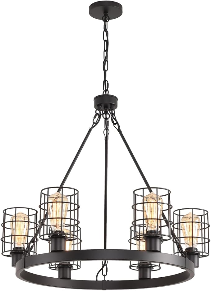 Wagon Wheel Chandelier Modern Farmhouse Pendant Light,Black Farmhouse Chandelier, 6-Light Wagon Wheel Chandelier with Adjustable Height, Dining Room Light Fixture, Hanging Lights