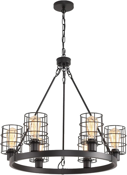 Wagon Wheel Chandelier Modern Farmhouse Pendant Light,Black Farmhouse Chandelier, 6-Light Wagon Wheel Chandelier with Adjustable Height, Dining Room Light Fixture, Hanging Lights