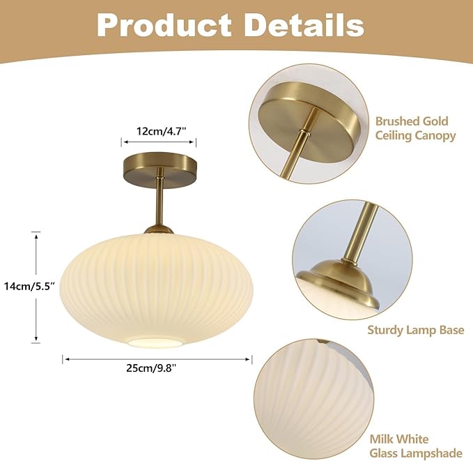BOKT Vintage Gold Ceiling Lights Set of Two 9.8" Milk White Glass Semi Flush Mount Light Hallway Close to Ceiling Lights 2 Pack Mid Century Modern Ceiling Pendant Lights for Living Room Bedroom