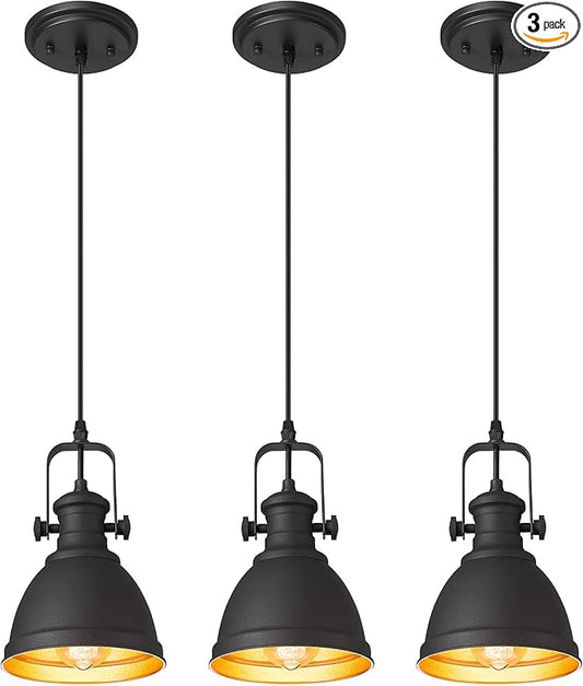 Pendant Lights, Minimalist Pendant Lighting for Kitchen Island, Hanging Light Fixtures with Black Metal, 3-Pack, AD-2151-1P3