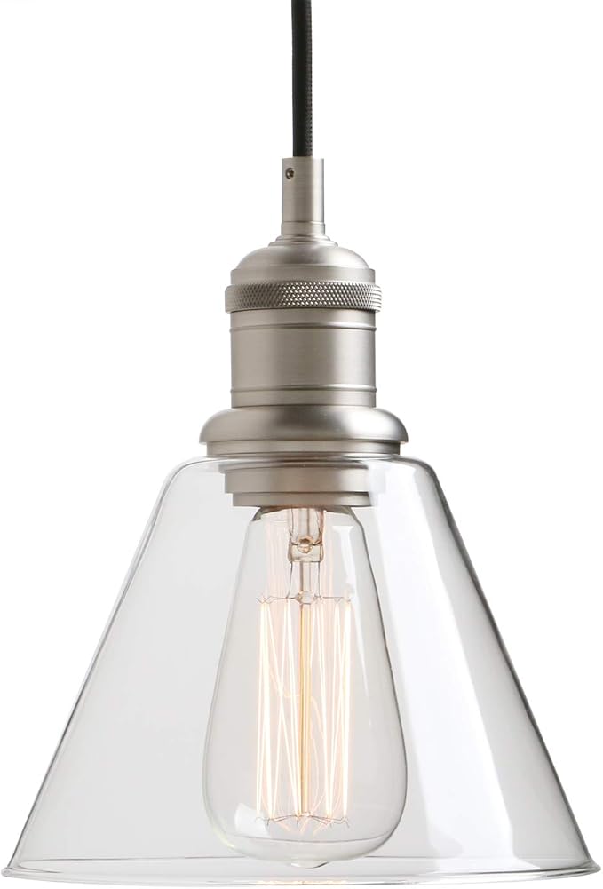 Yosoan -Light Vintage Edison Hanging Pendant Light, Mini Funnel Flared Glass Clear Glass Shade for Kitchen Bathroom Porch Living Room Dinning Room Office Restaurants Hotels Bar Island (Brushed)