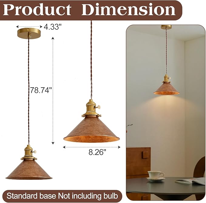Hanging Pendant Light Rusted Copper Lampshade with Adjustable 6.5Ft Cord Pendant Ceiling Lights Retro Antique Hanging Light for Kitchen Island Living Room and Dining Room