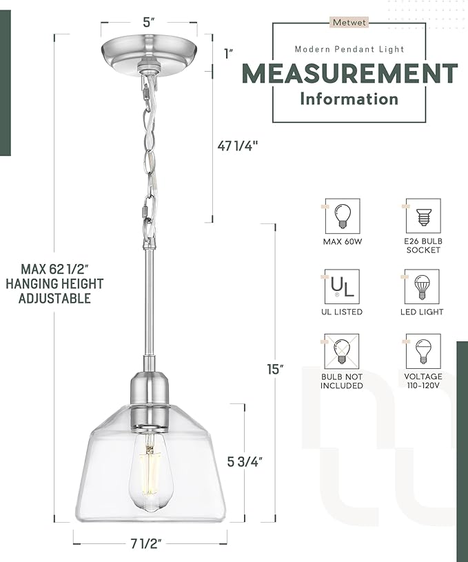 2-Pack Pendant Lights Kitchen Island, 7.5" Hanging Light Fixture with Clear Glass Shade and Adjustable Chain, Farmhouse Kitchen Island Lighting for Dining Room, Brushed Nickel, PL187-BN-2PK