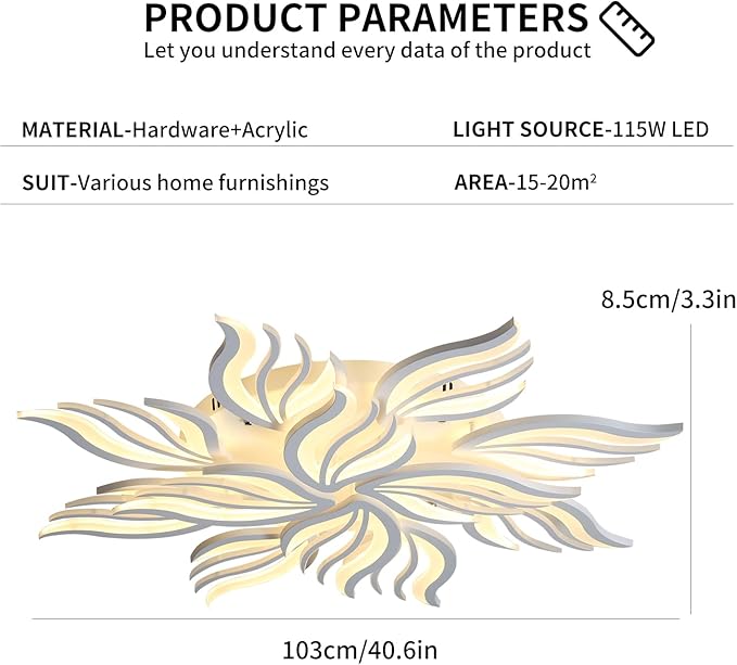 Becailyer Modern Ceiling Light, 40.5" LED Flush Mount Flower Ceiling Lamp, 12-Petals 100W Dimmable Remote Control Close to Ceiling Light Fixtures for Living Room Bedroom Dining Room Kitchen, White