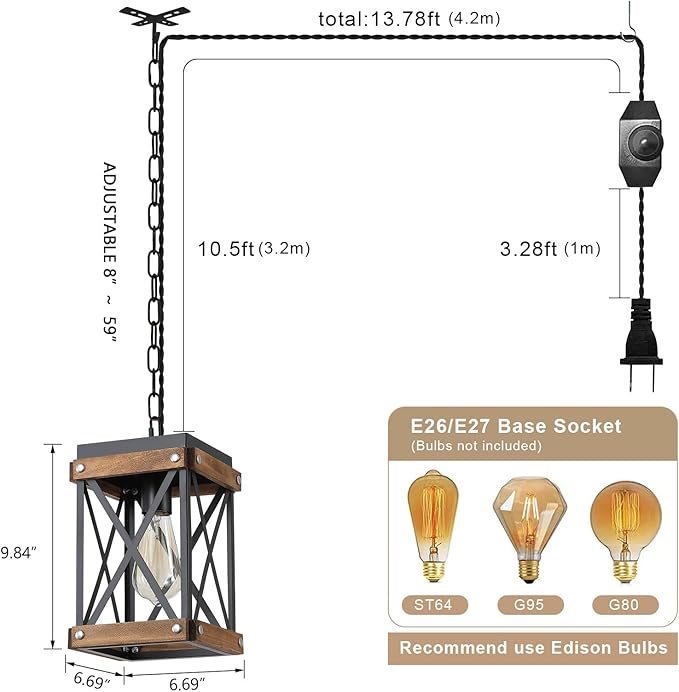 2 Pack Rustic Farmhouse Plug in Pendant Light Fixture with Adjustable Chain, Oak Wood and Metal Lantern Cage Mini Hanging Lamp for Kitchen Island Living Room Hallway Farmhouse Bar, Black