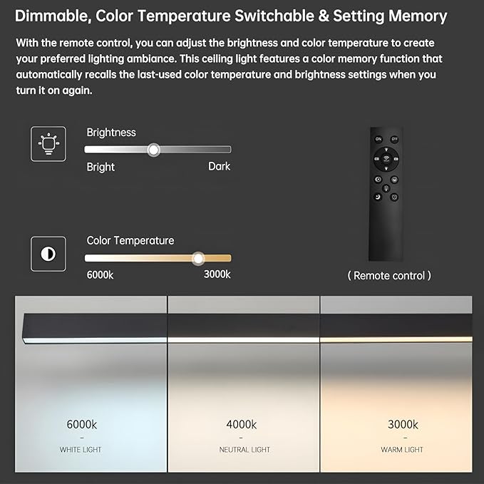 Black ceiling light LED, modern and simple, long strip ceiling surface installation, suitable for living room, bedroom, corridor and kitchen, remote control to switch color and brightness, 47.2inches