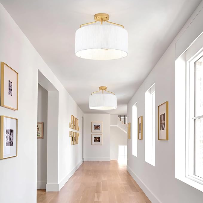 15.75" Gold Semi Flush Mount Ceiling Light Fixture 3-Light Drum Boho Light Fixture with Hand Woven Shade Kitchen Light Fixtures Coastal Chandelier for Bedroom Entryway Foyer Nursery Dining Room