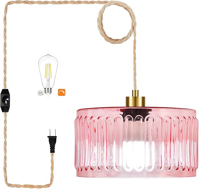 QIYIZM Pink Plug in Pendant Light Glass Hanging Lights with Plug in Cord Boho Hanging Lamp Gold Mid Century Modern Vintage Dimmable Flower Plug in Chandelier Ceiling Fixture for Living Room,Bedroom