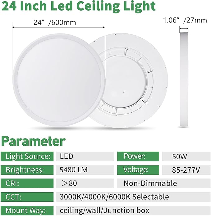 2 Pack 24 Inch Large LED Flush Mount Ceiling Light, 50W,5480LM, 3000K/4000K/6000K CCT Selectable,Black Round Flat Panel Low Profile Ceiling Light Fixtures for Hallway, Kitchen, Bedroom, Laundry Room