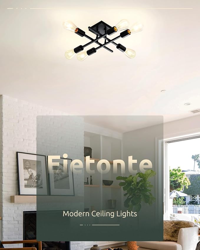 6-Light Semi Flush Mount Ceiling Light Fixture, Industrial Black Close to Ceiling Lighting, Modern E26 Base Sputnik Chandelier Ceiling Lamp for Kitchen Bedroom Living Room Hallway, 2 Pack