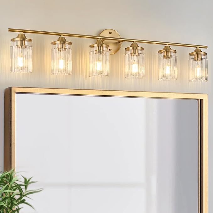 Jonsi Gold Bathroom Light Fixtures 6-Light Vanity Lights Modern Wall Sconce with Clear Glass Shade Brushed Brass Bathroom Light Fixture Over Mirror for Bedroom Hallway Kitchen