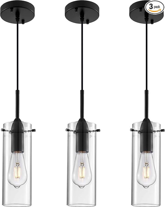 Black Pendant Lights Kitchen Island 3 Packs, Clear Glass Pendant Light, Modern Glass Pendant Light Fixture, Industrial Pendant Lights for Kitchen Island, Living Room, Bedroom, Dining Room