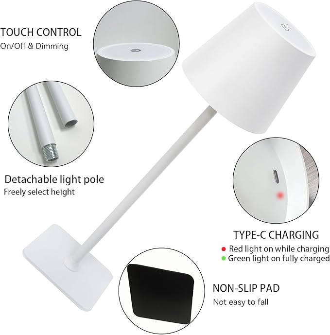 2 Pack Cordless Table Lamps Rechargeable, Battery Operated Touch Dimmable LED Lamp with 3 Color Temperatures, Adjustable Height Wireless Table Lamp for Restaurant, Bar, Bedroom