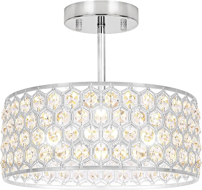 Chrome Crystal Ceiling Light Fixture - Modern Semi Flush Mount Ceiling Light for Hallway, Kitchen Lighting Fixtures Ceiling, Dazzling Prism Chandelier for Foyer Closet Bedroom, 3 Light, 12 in