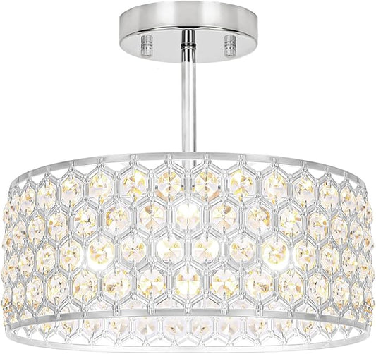 Chrome Crystal Ceiling Light Fixture - Modern Semi Flush Mount Ceiling Light for Hallway, Kitchen Lighting Fixtures Ceiling, Dazzling Prism Chandelier for Foyer Closet Bedroom, 3 Light, 12 in