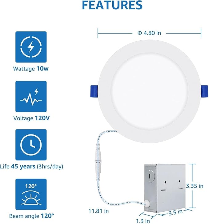 Lepro 6 Pack 4 Inch Canless LED Recessed Light with Junction Box, Ultra-Thin 5000K Daylight, Dimmable Retrofit Downlight, 10W Eqv. 75W,750LM High Brightness,Baffle Trim,ETL,Energy Star&FCC Certified