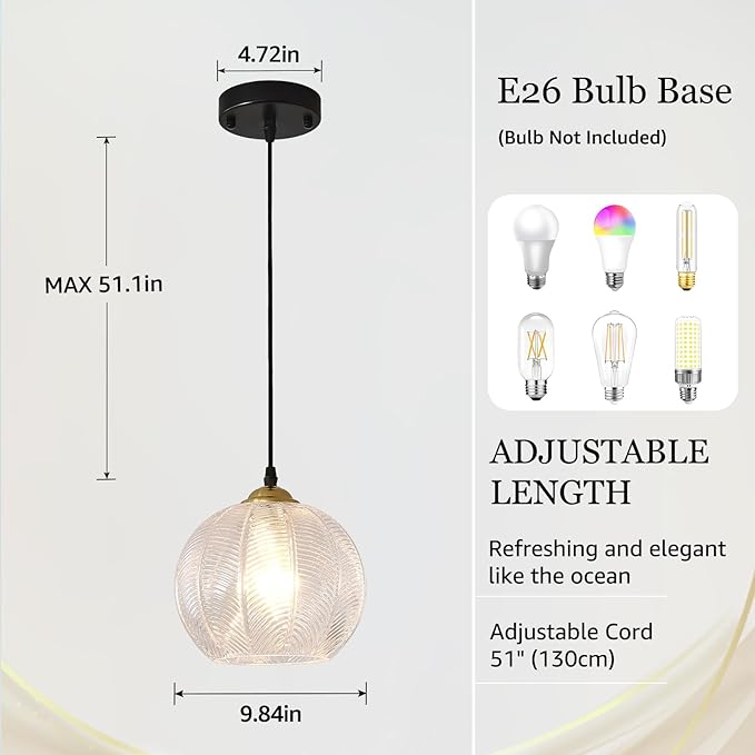 Clear Glass Pendant Light, Single Large Globe Shade Hanging Chandelier, 9.8-Inch Hand Blown Glass Ball Pendant Light Fixtures for Kitchen Island, Staircase, Dining Room, Living Room, Bedroom